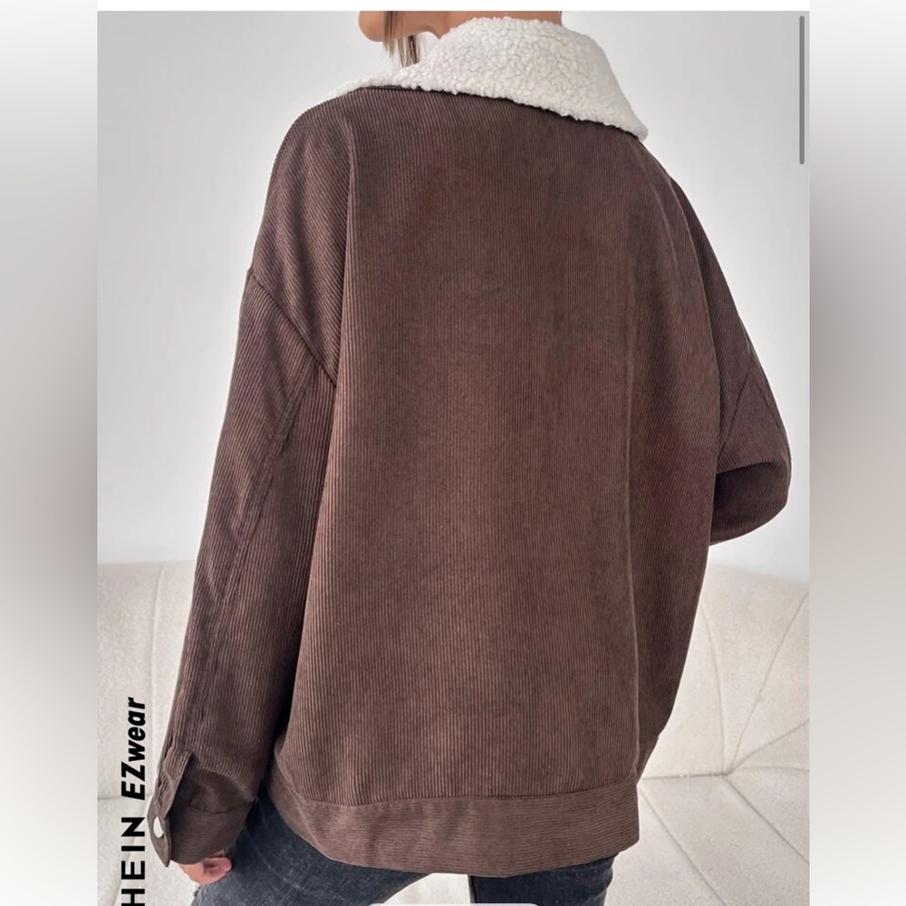 SHEIN Medium Teddy Lined Drop Shoulder Corduroy Jacket Coffee Brown Sherpa - Picture 5 of 8